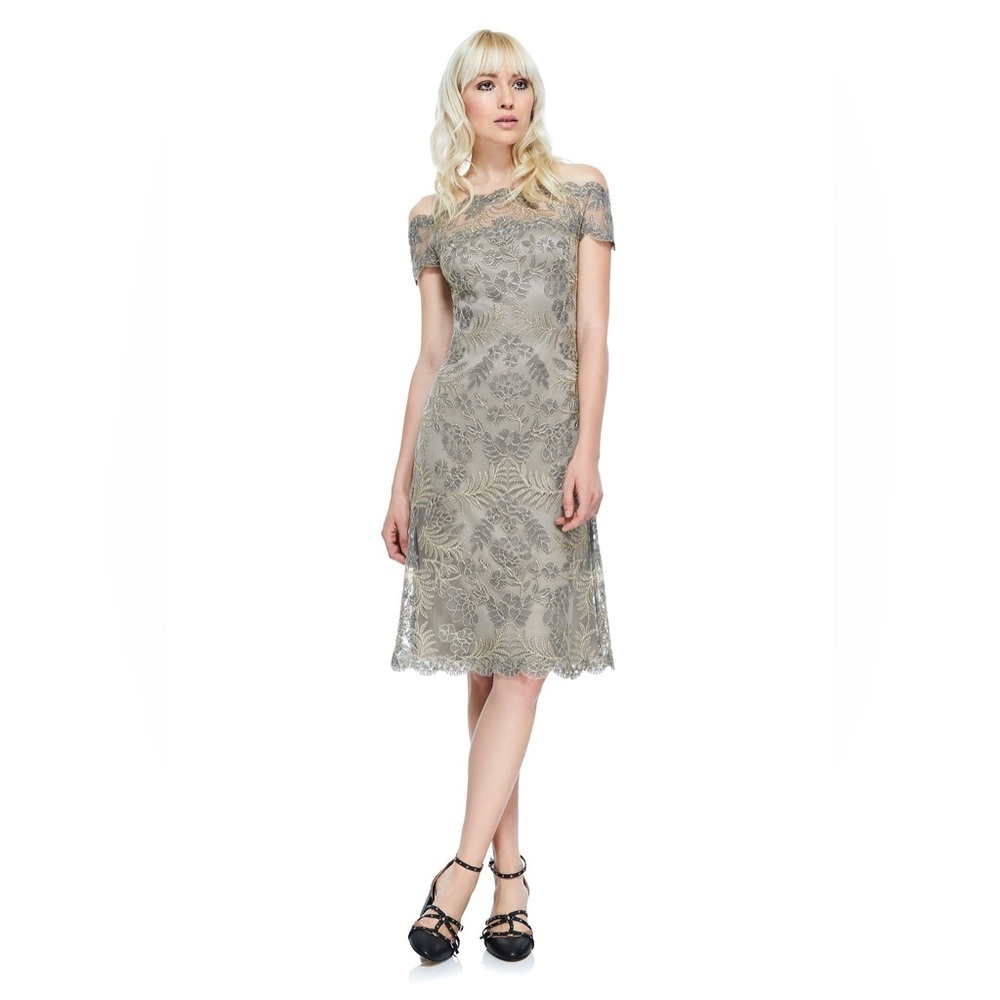 Tadashi Shoji Women’s Enya Dress Size 8 Embroidered Gold Metallic Overlay NWOT